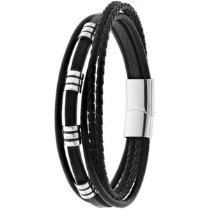 Lucardi Heren Armband schakel zwart leer - Leer - Armband - Cadeau - Vaderdag - 21 cm - Zilverkleurig