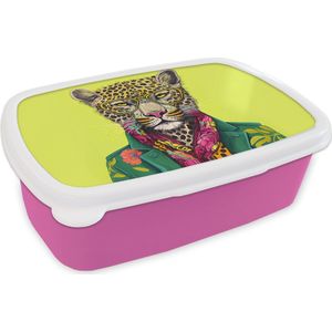 Broodtrommel Roze - Lunchbox - Brooddoos - Panter - Dier - Bril - Kleuren - 18x12x6 cm - Kinderen - Meisje