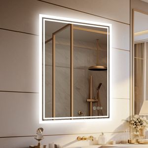 LUVODI Badkamer LED Spiegel 60x80cm - Muur Vanity Badkamer Spiegel - Dimbare 3 Kleuren Achtergrondverlichting - Ontwaseming - Geheugenfunctie - Rechthoekig Verlicht