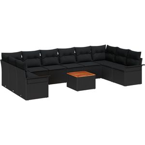 vidaXL - 11-delig - Tuin - Sofa - Set - met - Kussens - - - Zwart - Poly - Rattan - en - Acacia
