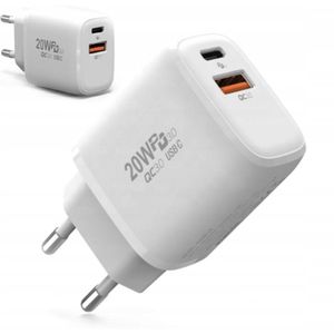 Oplader USB-C, USB - Zenwire - USB C Adapter - Snellader - 20W - Quick Charge 3.0 - USB C Lader - Oplader 2 Poorten - USB-C en USB-compatibel - Wit