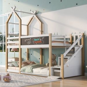 Kinderbed boomhut inclusief logeerbed met opbergruimte en valbeveiliging 90 x 200 cm, hoogslaper voor kinderen - 2x lattenbodem (zonder matras)
