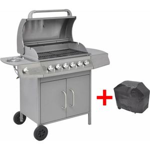 <p>Deze gasbarbecue is perfect voor het organiseren van een buitenfeest voor familie en vrienden. Met 6 grote kookzones en 1 zij kookzone biedt deze gas BBQ een geweldige buiten-kookervaring. Het stijlvolle en functionele design van de barbecue is voorzien van een robuuste kap met een ingebouwde thermometer voor nauwkeurige kooktemperatuurweergave.</p>
<p>De gasbarbecue heeft ook een handige zijtafel voor extra werkruimte bij het maken van sauzen en bijgerechten. De verwijderbare vetopvanger maakt het schoonmaken eenvoudig. Gemaakt van duurzame materialen, is deze barbecue zeer stevig en robuust. Het opbergkastje onder de barbecue biedt voldoende ruimte voor het opbergen van BBQ gerei en andere kookspullen.</p>
<p>Dankzij de 2 stevige zwenkwielen is deze barbecue gemakkelijk te verplaatsen. De levering is inclusief een afdekhoes om de barbecue te beschermen tegen regen en stof. Houd er rekening mee dat een gasslang en goede drukregelaar nodig zijn om een gasfles op de barbecue aan te sluiten, deze worden niet meegeleverd.</p>
<ul>
  <li>Kleur: zilver</li>
  <li>Materiaal: SPCC en roestvrij staal</li>
  <li>Afmetingen totaal: 133 x 58 x 108 cm (L x B x H)</li>
  <li>Hoofdkookzone: 12 kW (40.955 BTU = 6 kookzone x 6.526 BTU elk)</li>
  <li>Zijkant kookzone: 2,3 kW (7.820 BTU)</li>
  <li>Grillplaat: 63,5 x 37,5 cm</li>
  <li>Kookhoogte: 82 cm</li>
  <li>Geschikt voor gastypes: LPG, butaan, propaan</li>
  <li>Elektronische ontsteking</li>
  <li>Geïntegreerde thermometer voor accurate temperatuurweergave</li>
  <li>Verwijderbare vetopvanger, eenvoudig schoon te maken</li>
  <li>Een ruime opbergkast voor het opbergen van accessoires</li>
  <li>Stevige zwenkwielen voor meer mobiliteit</li>
  <li>Inclusief een barbecuehoes om de gasbarbecue te beschermen tegen regen en stof</li>
</ul>
<p>Let op: Plaats NOOIT gasflessen in de opbergkast of onder de BBQ.</p>