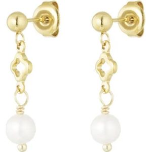 Klaver en parel oorbellen - Oorbelstekers- goudkleurig- Goud- Stainless Steel- Cadeau voor haar- Cadeau tip
