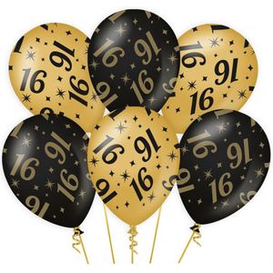 12x stuks Leeftijd verjaardag feest ballonnen 16 jaar geworden zwart/goud van 30 cm- Feestartikelen/versiering