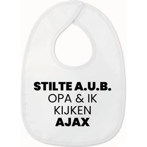 Slabbetje met tekst - Stilte AUB opa en ik kijken Ajax - Wit/zwart | 100% katoen - Incl. hoogwaardige Klittenband sluiting - Kraamcadeau - Babyshower - Slabber