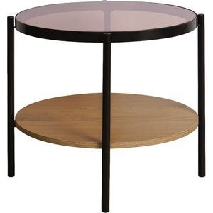 sweeek - Ronde salontafel / bijzettafel 52 x 52 cm met hout- en metaaleffect zwart, 2 tafelbladen waarvan één in gehard glas