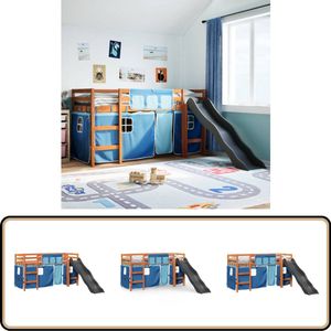vidaXL Kinderhoogslaper met gordijnen 90x190 cm grenenhout blauw