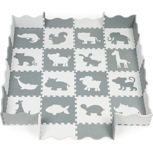 NilaFee ™ - Speelkleed - Speelmat met rand - Foam - Beschermhoes - Puzzelmat - Dieren - 25 Stukken- Baby - Vloertegels - Crème - Grijs - 150 x 150 cm