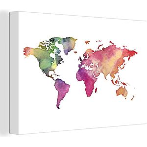 Canvas Wereldkaart - 60x40 - Wanddecoratie Wereldkaart - Waterverf - Kleuren