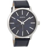 OOZOO Timepieces - Zilverkleurige horloge met donker blauwe leren band - C9602