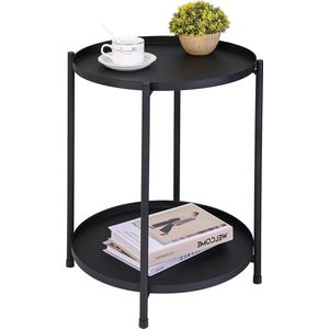 Ronde metalen bijzettafel met 2 lagen - anti-roest en waterdichte kleine tafel - woonkamer drinken snacks koffietafels - nachtkastje met verwijderbare lade (zwart)