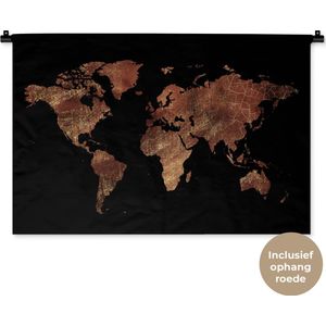 Wandkleed WereldkaartenKerst illustraties - Wereldkaart in roodbruin met zilverkleurige structuur op zwarte achtergrond Wandkleed katoen 90x60 cm - Wandtapijt met foto