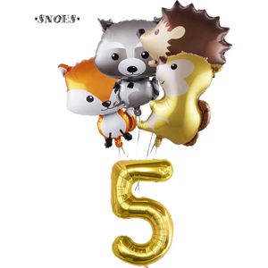 Snoes Ballonnen - Gouden Cijferballon 5 Jaar Set Bosdieren – Dieren Feestpakket - Kinderverjaardag
