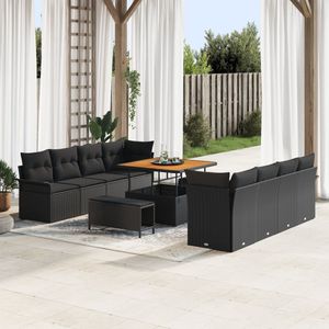 vidaXL - 11-delige - ligbed - set - met - kussens - zwart - poly - riet - acaciahout
