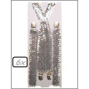 6x Bretels pailletten zilver - bretel kerst oud en nieuw carnaval thema feest glitter en glamour paillet