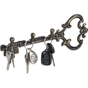 Relaxdays sleutelrekje vintage - sleutel organizer - sleutelvorm - sleutelrek 3 haken - bronzen