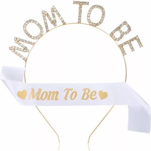 2-delige Babyshower set met Sjerp wit met goud en diadeem met strass Mom to Be - babyshower - genderreveal - zwanger - geboorte