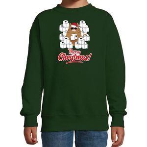 Foute Kerstsweater / Kerst trui met hamsterende kat Merry Christmas groen voor kinderen- Kerstkleding / Christmas outfit 98/104