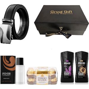 GreatGift® - Cadeaupakket Voor Hem - Met Riem - AXE Aftershave - 2x AXE shampoo - 16x Ferrero Rocher chocolade