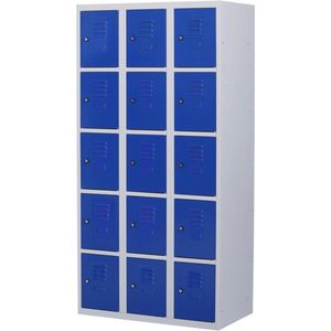 Lockerkast metaal met slot - 15 deurs 3 delig - Grijs/blauw - 180x90x50 cm - LKP-1019
