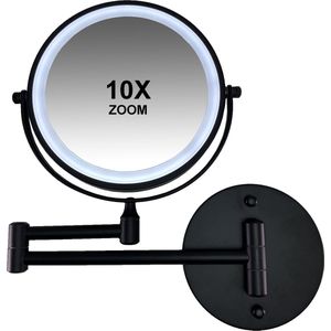 Oplaadbare Metalen verlichte wand knik arm badkamer LED Spiegel dimbaar zwart, Dubbelzijdig verlicht, 10x vergroting 18cm doorsnee, stroomkabel (USB) - make-upspiegel - beauty - badkamer accessoires