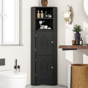 Sweiko Badschrank, Badmöbel, Eckschrank mit zwei Ablagefächern, offenes Fach mit verstellbarem Einlegeboden, 36.5x 36.5 x 155 cm, schwarz