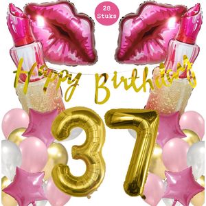 Snoes Mega Beauty Helium Ballonnen Set 37 Jaar - Roze Helium Folieballonnen - Slinger Happy Birthday Goud