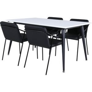 Jimmy150 eethoek eetkamertafel uitschuifbare tafel lengte cm 150 / 240 wit en 4 Tvist eetkamerstal PU kunstleer zwart.