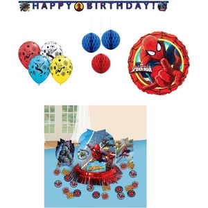 Marvel – Spiderman - Spider-Man - Superheld – Tafeldecoratie set - Happy birthday slinger - Letterbanner - Honeycomb decoratie - Ballonnen - Folieballon - Kinderfeest - Versiering - Verjaardag.