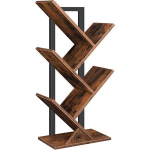 Boekenkast - staand rek met 4 niveaus - houten dvd-plank - in boomvorm - metalen frame - voor woonkamer - werkkamer - kinderkamer - vintage bruin EBF04SJ01G1