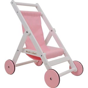 Bandits and Angels Roze Wit Poppenbuggy Lovely Pink White van Hout - vanaf 2 Jaar - Houten Poppenwagen - voor Poppen van maximaal 50 cm - Poppen Wagen Roze met Wit - Poppen Buggy