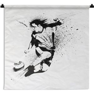 Wandkleed Voetbal illustratie - Een illustratie van een persoon die een voetbal richting doel schiet Wandkleed katoen 90x120 cm - Wandtapijt met foto