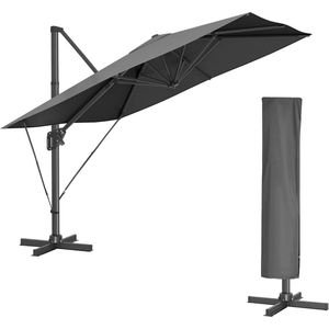FurnStar - Parasol 290 x 290 cm - Zweefparasol - Tuinscherm - UV-bescherming UPF 50+ - 360° draaibaar - Hellingshoek verstelbaar - Met standaard, bevestigingsriemen en afdekking - Rookgrijs