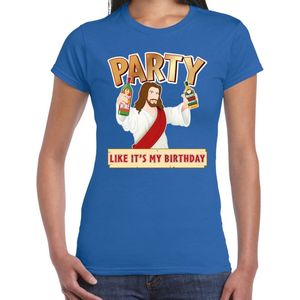 Fout kerst t-shirt blauw - party Jezus - Party like its my birthday voor dames - kerstkleding / christmas outfit L
