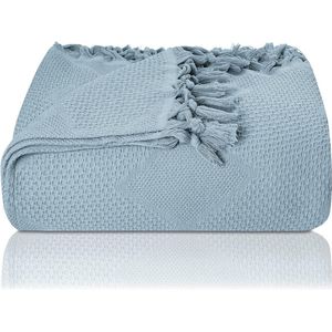 Premium sprei met handgeknoopte franjes - 100% katoen - 150 x 220 cm - Zomerdeken van wafelpiqué - Katoenen deken als bedsprei, banksprei en bankdeken (lichtblauw)