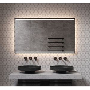 Badkamerspiegel met directe en indirecte verlichting, verwarming, instelbare lichtkleur, dimfunctie en mat zwart frame 120x70 cm
