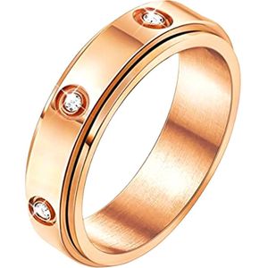 Anxiety Ring - (Zirkonia) - Stress Ring - Fidget Ring - Anxiety Ring For Finger - Draaibare Ring - Spinning Ring - Rose Goudkleurig RVS - (19.75mm / maat 62)