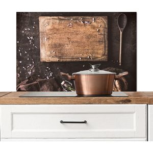 Spatscherm keuken 80x55 cm - Kookplaat achterwand Snijplank - Kruiden - Lepel - Keuken - Rustiek - Vijzel - Bieslook - Muurbeschermer - Spatwand fornuis - Hoogwaardig aluminium