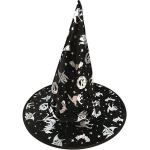 Heksenhoed Kinderen - Heks - Zwart/Zilver- Halloween Heksenhoed - One Size - Een Stuk - Unisex