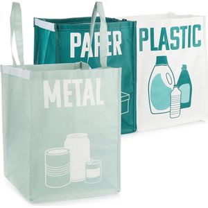 3-delig afvalscheidingssysteem, herbruikbare afvalzakken voor plastic, papier en oud metaal, zak met handvat voor afvalscheiding en recycling