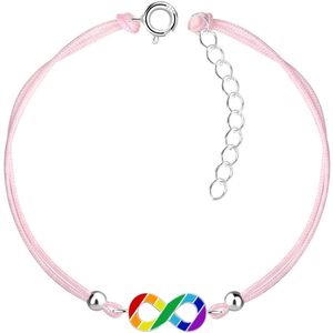 Joy|S - Zilveren infinity bedel armband - gestreepte multicolor infinity bedel sterling zilver 925 - roze koord - th22