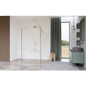 FugaFlow Eccelente Vetro Vrijstaande inloopdouche badkamer - 90x200cm - Glas mat - antikalk - 8mm veiligheidsglas - met wandarmen - Messing geborsteld (goud) -