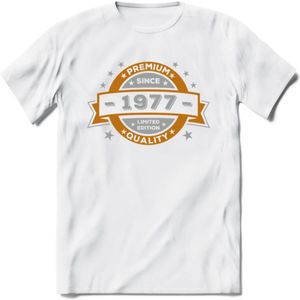 Premium Since 1977 T-Shirt | Goud - Zilver | Grappig Verjaardag Kleding Cadeau Shirt | Dames - Heren - Unisex Tshirt | - Wit - XXL