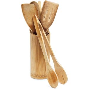 Keukengerei set bamboe 7-delig lange kooklepels-tang-spatels naturel