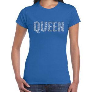 Glitter Queen t-shirt blauw met steentjes/ rhinestones voor dames - Glitter kleding/ foute party outfit S