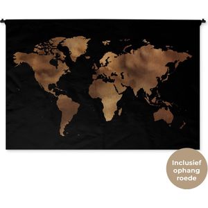 Wandkleed WereldkaartenKerst illustraties - Bronskleurige wereldkaart met structuurpatroon op zwarte achtergrond Wandkleed katoen 180x120 cm - Wandtapijt met foto