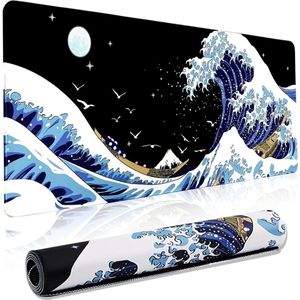 Sea Wave Gaming Laptop Muismat - Grote Bureau Onderlegger - PC Toetsenbord Mat - Waterdicht en Antislip - 31 x 118 inch - 3 mm dik - XL XXL Rubberen Tafelmat - Kanagawa Surfen en Zwart