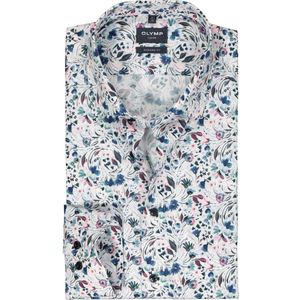 OLYMP modern fit overhemd - mouwlengte 7 - popeline - wit met blauw en roze bloemen dessin - Strijkvrij - Boordmaat: 38