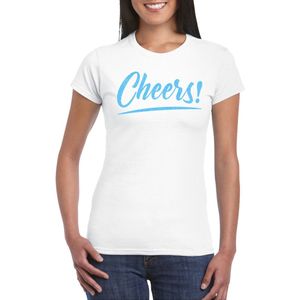 Bellatio Decorations Verkleed T-shirt voor dames - cheers - wit - blauwe glitter - carnaval XXL
